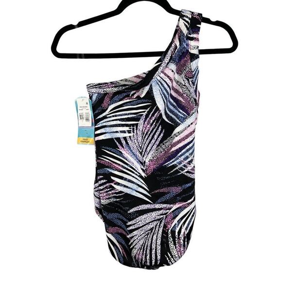 Women's Swim Solutions Black Printed Tummy Control One Shoulder Swimsuit 8 - Picture 2 of 7